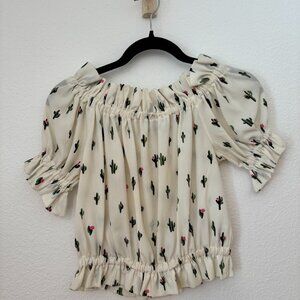 Miss Miss Cream Cactus Print Puff Sleeve Crop Top